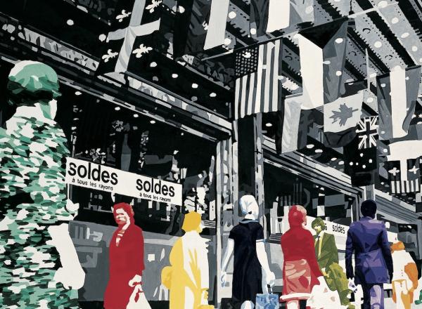 Black and white structure towers diagonally across the canvas. Colorful people stroll by