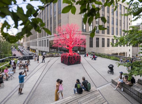 Pamela Rosenkran, Old Tree, 2023. Steel, polymers, pigments; 23 × 23 × 24 3/5 feet. May 2023 – September 2024 p. 82-83. 