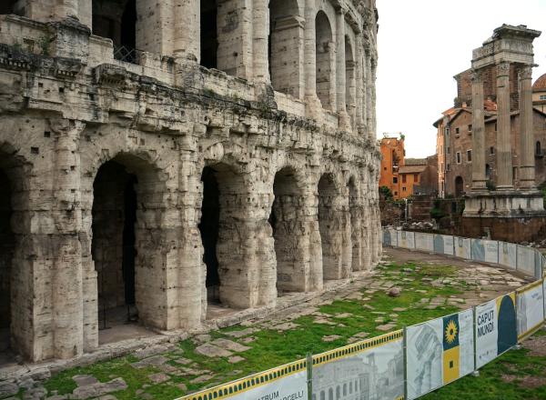 The ancient theatre of Marcellus surrounded by awnings