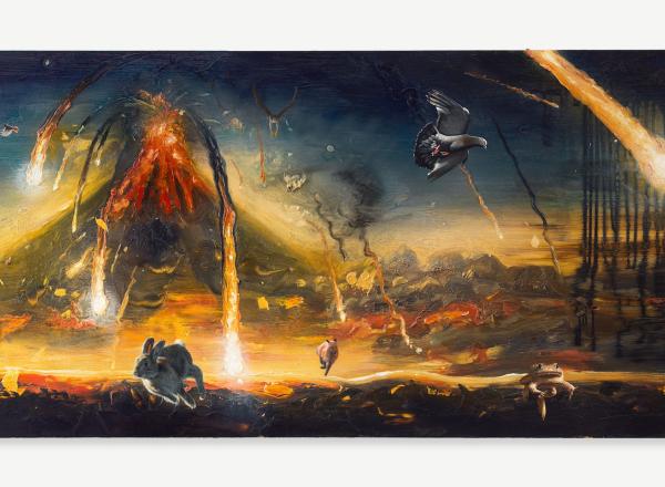 Alexis Rockman, Mt. Vesuvius, Autumn, 79 AD, 2024, Oil and cold wax on wood, 36 x 84 in.