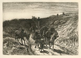 Peter Moran original etching "A Burro Train, New Mexico"
