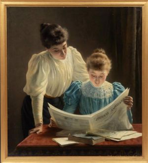 Journal Amusante (Life-Size 19th-Century European Oil Painting)