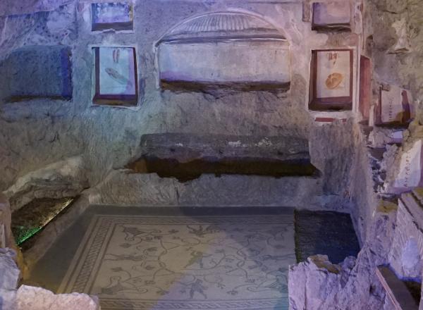 The large family tomb, cut into the rock of the hillside, with painted frescos and mosaic paving.