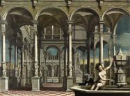 figures in painting sitting in open air courtyard. Bathsheba sits at a fountain and david sits just outside of it, right behind her.