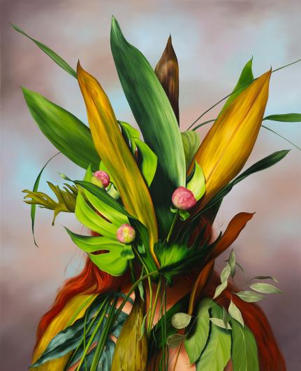 Ewa Juszkiewicz, Portrait with Peonies, 2025. Oil on canvas, 160 x 130 cm, 63 x 51 in. © Ewa Juszkiewicz. Photo: Ewa Juszkiewicz Studio. Courtesy the artist and Almine Rech, Paris, Brussels, London, New York, Shanghai, Monaco, and Gstaad.