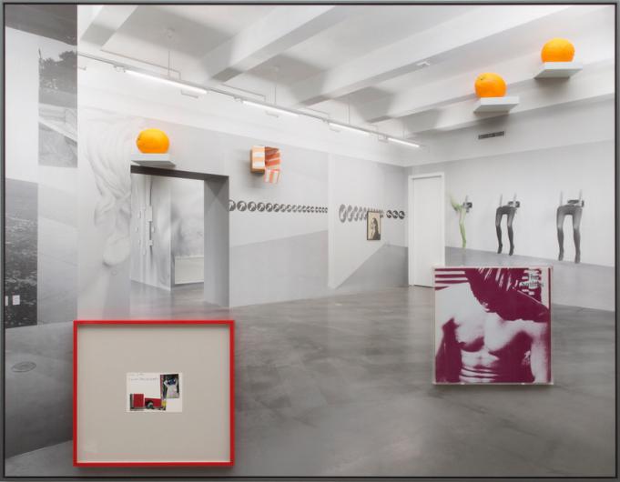 Jonathan Monk, 15 Exhibit Model Detail with Additional Information XV, 2021. Inkjet print on aludibond in grey shadowbox frame, The Smiths record 1984 (Cover star Joe Dallesandro pulled from Andy Warhol's "Flesh", directed by Paul Morris- sey [1968]) in plexiglass box; signed John Baldessari post card in red frame; three oranges cast from real in PU resins and silicones on grey painted shelves, 132.5 x 170.5 x 4 cm. Courtesy Cristina Guerra Contemporary Art, Lisbon.