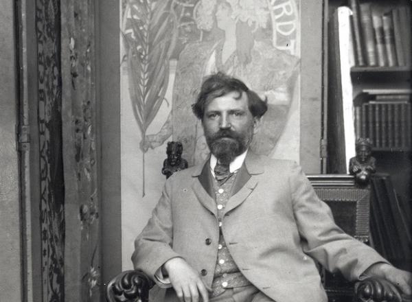 Alphonse Mucha, detail of Self-portrait with posters for Sarah Bernhardt at the studio in rue du Val-de-Grâce, Paris, circa 1901. Modern print from original glass plate negative. 9 7/16 × 7 1/16 in.