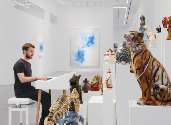 Installation view of Oliver Beer's Resonance Paintings - Cat Orchestra at Almine Rech Tribeca, March 14, 2024