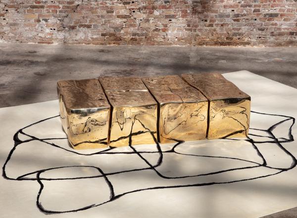 BLOCK COFFEE TABLE, Design by Jean Yves Lanvin, Mirror polished cast brass, Size : 64 x 35 x 18 in, Limited Edition of 24 pieces + 4 AP.