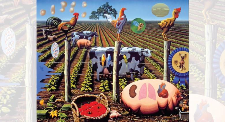 Alexis Rockman, The Farms, 2000. Oil and acrylic on wood panel, 96 x 120 inches. Collection of Joy of Giving Something, Inc., New York. Courtesy American Federation of Arts