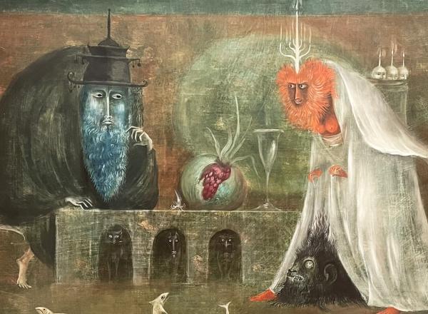 Leonora Carrington, Rabinos (the Rabbis), 1960. Oil on Canvas. 15 1⁄4 x 23 1⁄4 in. (38.735 x 59.055 cm). © Leonora Carrington / Arts Rights Society (ARS), New York.