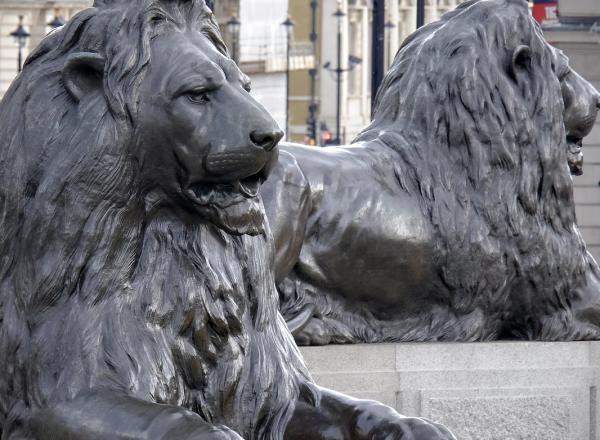 Two of the four lions in Trafalgar Square, one of the Landseer’s most famous works. At the base of Nelson's Column, 2021. License