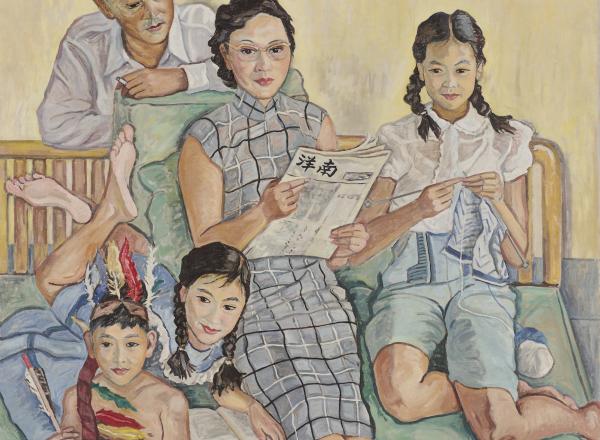 Painting of jovial, relaxed family life arranged into a group portrait. Features pastel, happy colors. 