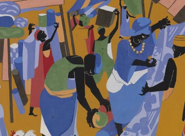Jacob Lawrence (American, 1917–2000), Market Scene, 1966. Gouache on paper. Chrysler Museum of Art.