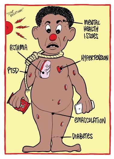 operation style illustration of black man. serves as comentary on the experience of young black men in america, features details that allude to trevon martin's death. 