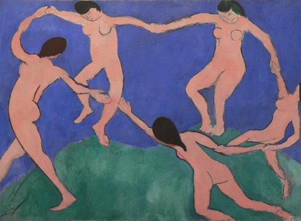 Henri Matisse painting of five nude figures holding hands in a circle dancing