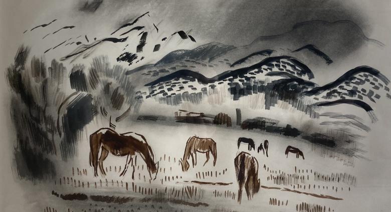 Ward Lockwood - Horses Grazing, watercolor on paper, 19 x 24 in.