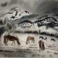 Ward Lockwood - Horses Grazing, watercolor on paper, 19 x 24 in.