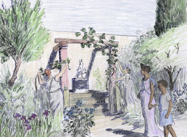 Sketch depicting the perspective of an ancient viewer standing in the center of the garden, gazing toward the southeast corner of the planted space and observing gardeners at work. 