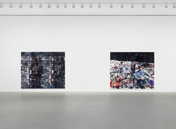 Singer Installation view, Avery Singer: Reality Ender, Hauser & Wirth New York, 22nd Street, 2021. Picturing:  Technique, 2021; China Chalet, 2021; Edgelord, 2021.