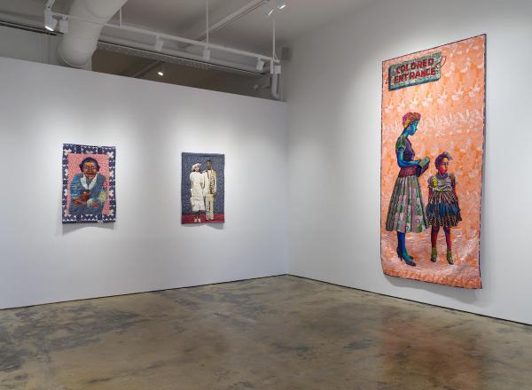 Installation view, Bisa Butler: Materfamilias, Gordon Parks Foundation. Works: Praise God, 2014, Wedding Portrait, 2001, Colored Entrance (after Department Store, Mobile, Alabama by Gordon Parks, 1956), 2023