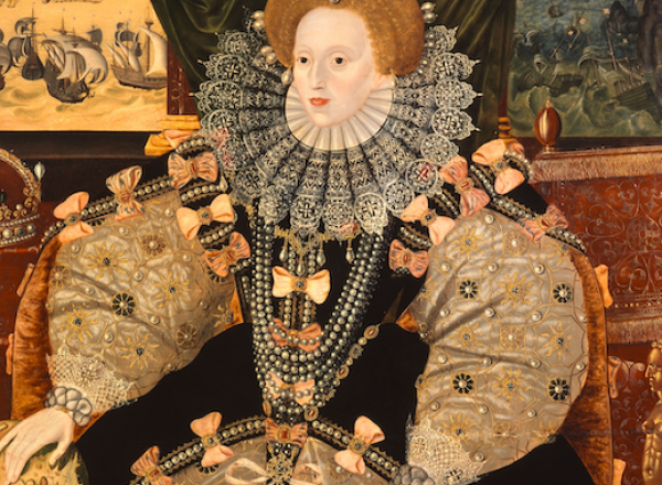 Unknown English artist, Armada Portrait, 1588. Oil on oak panel, 52.3 x 105cm (205/8 x 413/8in). Woburn, Bedfordshire, England, Woburn, Abbey