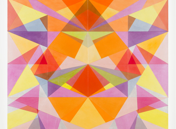 Between Rabbit and Fox, 2017, Jeffrey Gibson, Native American, Mississippi Band of Choctaw Indians/Cherokee, born 1972, acrylic and graphite on canvas, 70 x 50 1/8 in., Purchased with funds from the Contemporary Collectors Forum and General Acquisition Fund, 2019.30. 